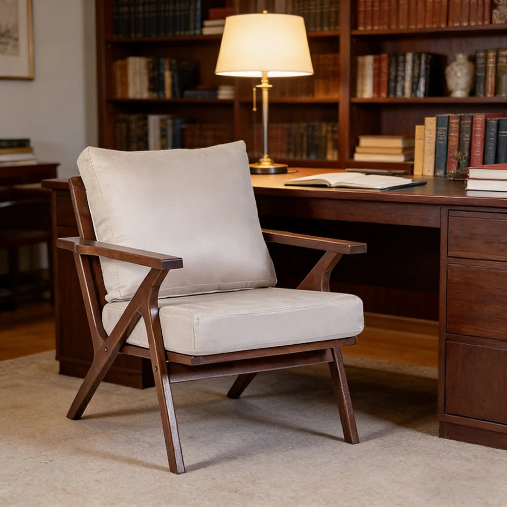 LIVARA Suede Accent Armchair - Solid Wood Frame with High-Density Foam Cushion, Ergonomic Design, Winter & Summer Use - Walnut & Beige