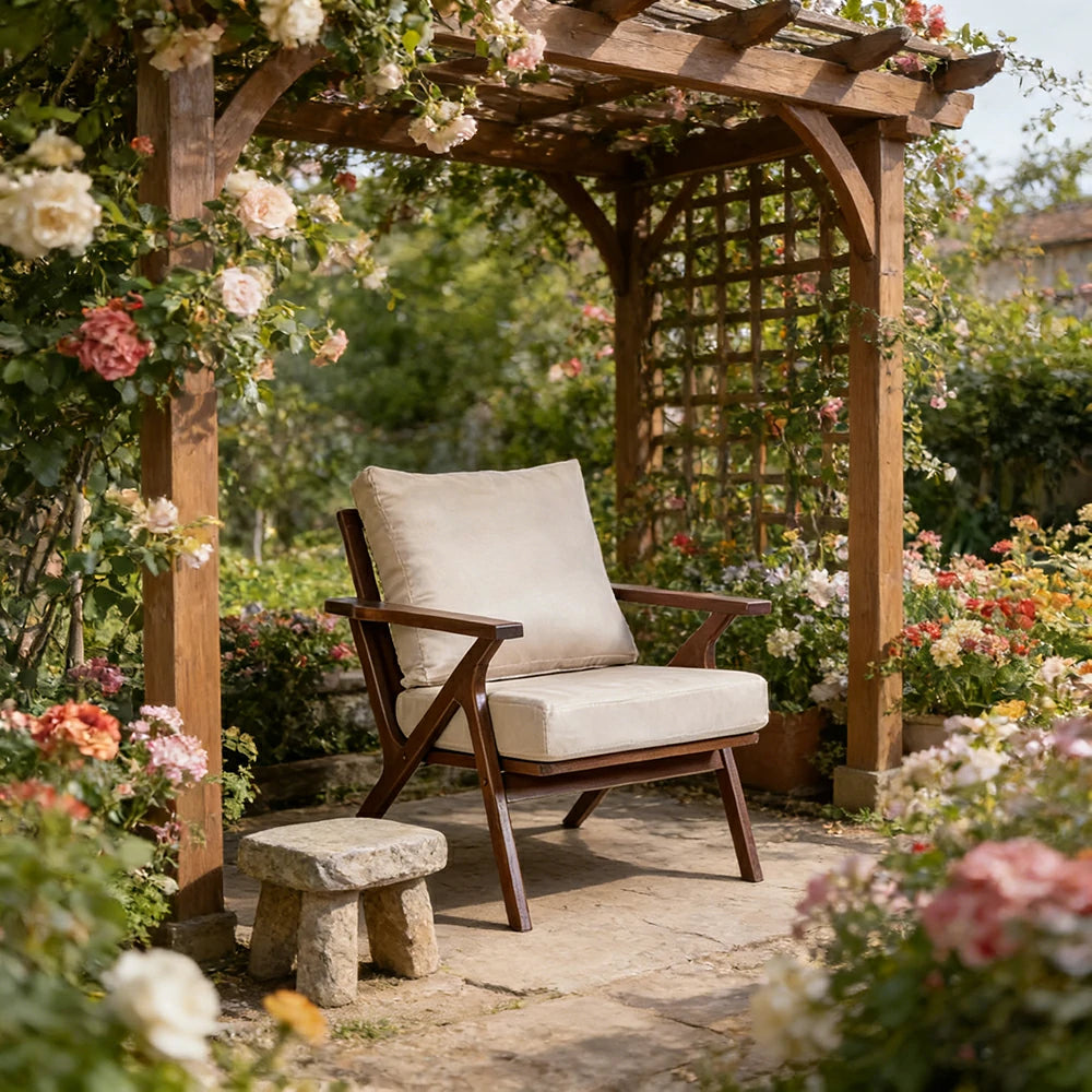 LIVARA Suede Accent Armchair - Solid Wood Frame with High-Density Foam Cushion, Ergonomic Design, Winter & Summer Use - Walnut & Beige