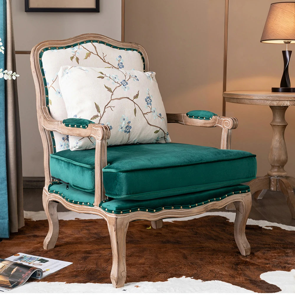 LIVARA Green Orchid Embroidered Velvet Armchair with Matching Ottoman - Soft Velvet Upholstery, High-Resilience Cushion, Solid Wood Frame - Green