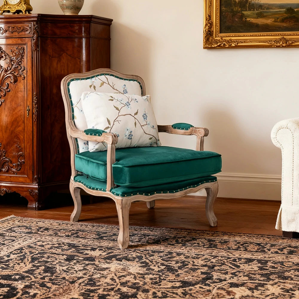 LIVARA Green Orchid Embroidered Velvet Armchair with Matching Ottoman - Soft Velvet Upholstery, High-Resilience Cushion, Solid Wood Frame - Green