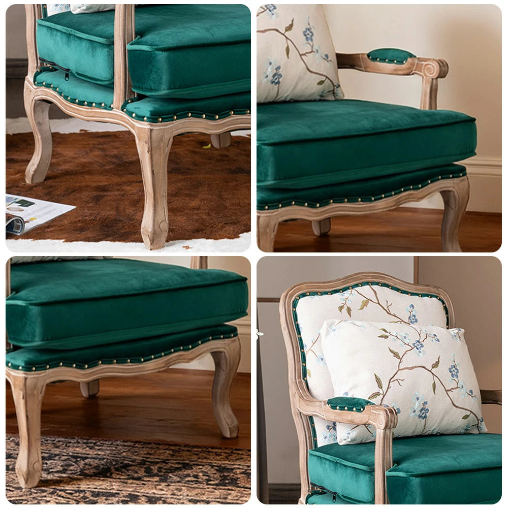 LIVARA Green Orchid Embroidered Velvet Armchair with Matching Ottoman - Soft Velvet Upholstery, High-Resilience Cushion, Solid Wood Frame - Green