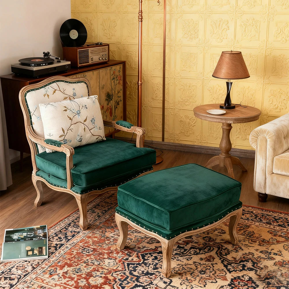 LIVARA Green Orchid Embroidered Velvet Armchair with Matching Ottoman - Soft Velvet Upholstery, High-Resilience Cushion, Solid Wood Frame - Green