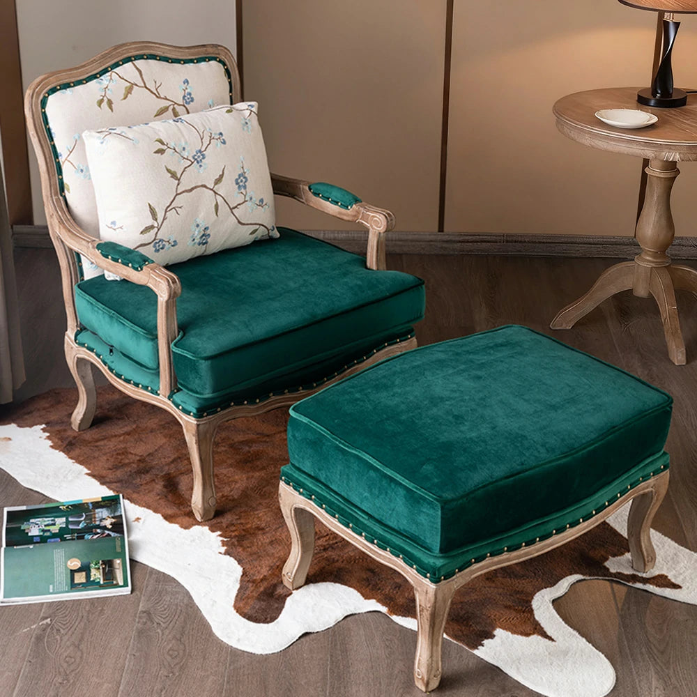 LIVARA Green Orchid Embroidered Velvet Armchair with Matching Ottoman - Soft Velvet Upholstery, High-Resilience Cushion, Solid Wood Frame - Green
