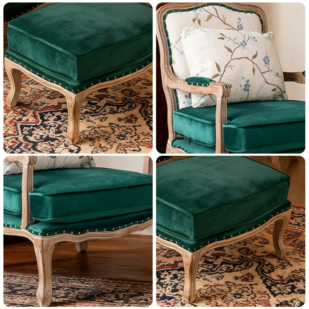 LIVARA Green Orchid Embroidered Velvet Armchair with Matching Ottoman - Soft Velvet Upholstery, High-Resilience Cushion, Solid Wood Frame - Green