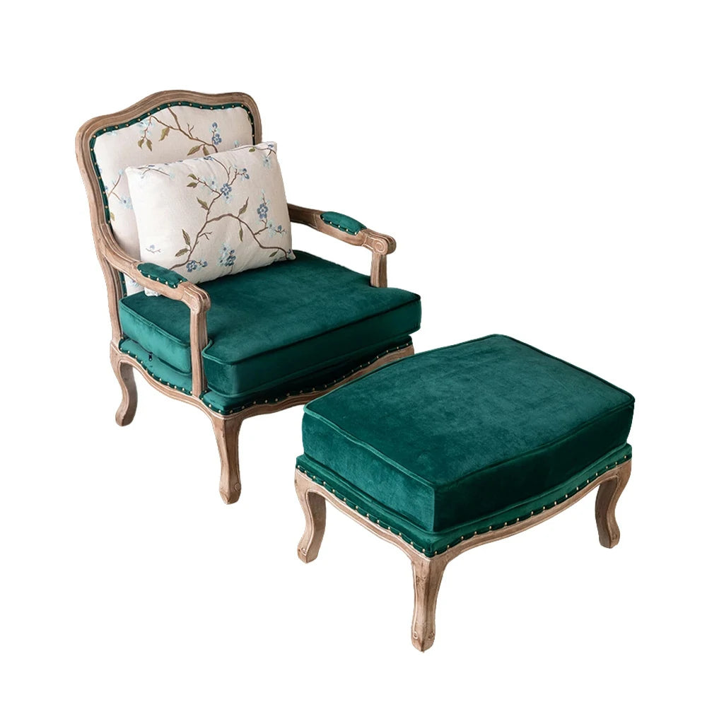 LIVARA Green Orchid Embroidered Velvet Armchair with Matching Ottoman - Soft Velvet Upholstery, High-Resilience Cushion, Solid Wood Frame - Green