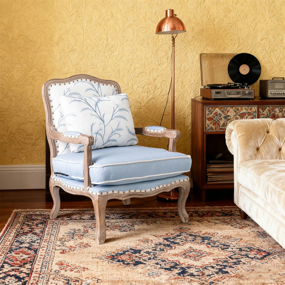 LIVARA Green Orchid Embroidered Velvet Armchair with Matching Ottoman - Soft Velvet Upholstery, High-Resilience Cushion, Solid Wood Frame - Blue