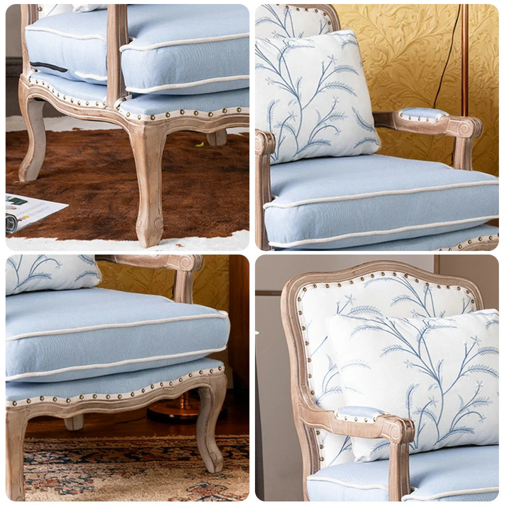 LIVARA Green Orchid Embroidered Velvet Armchair with Matching Ottoman - Soft Velvet Upholstery, High-Resilience Cushion, Solid Wood Frame - Blue