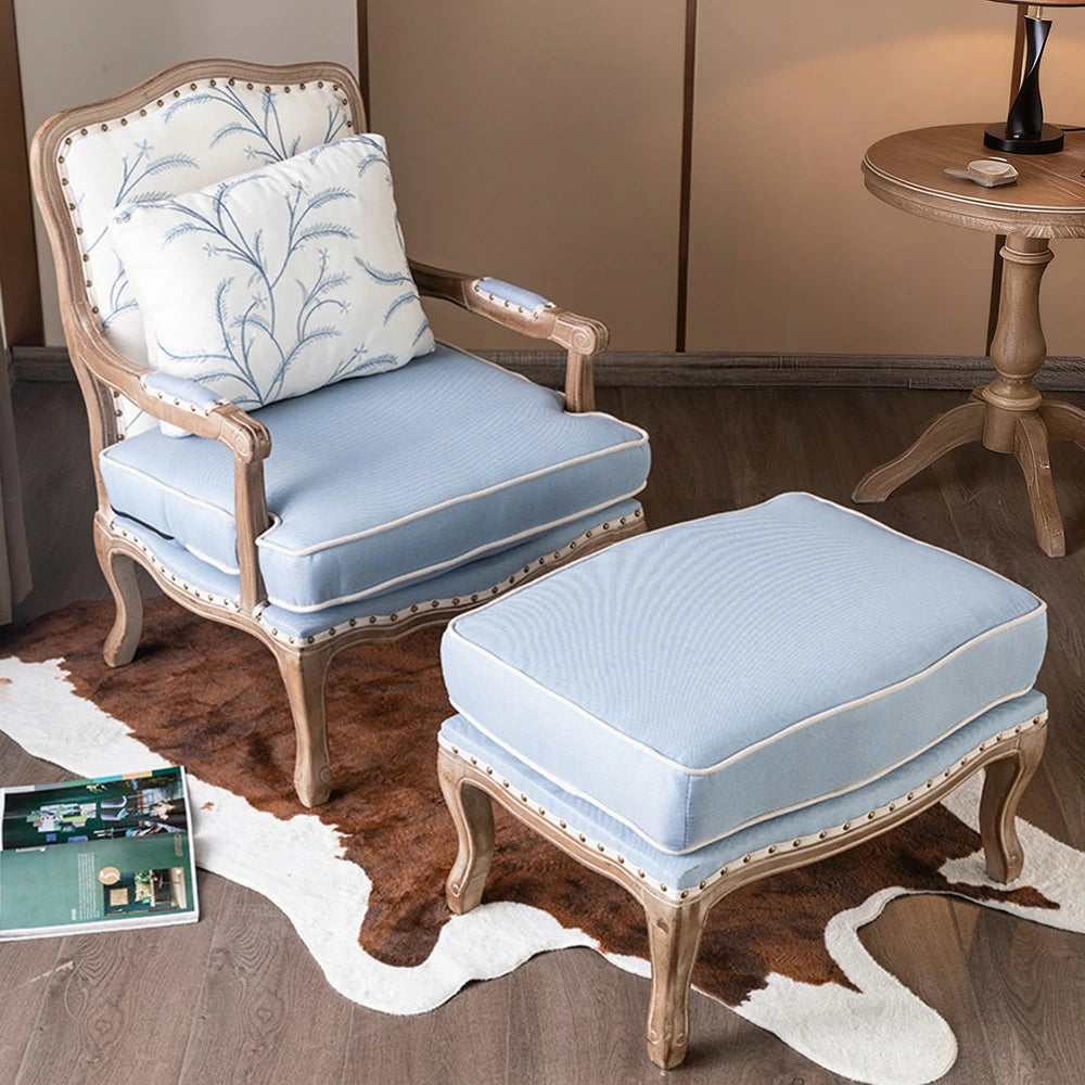 LIVARA Green Orchid Embroidered Velvet Armchair with Matching Ottoman - Soft Velvet Upholstery, High-Resilience Cushion, Solid Wood Frame - Blue