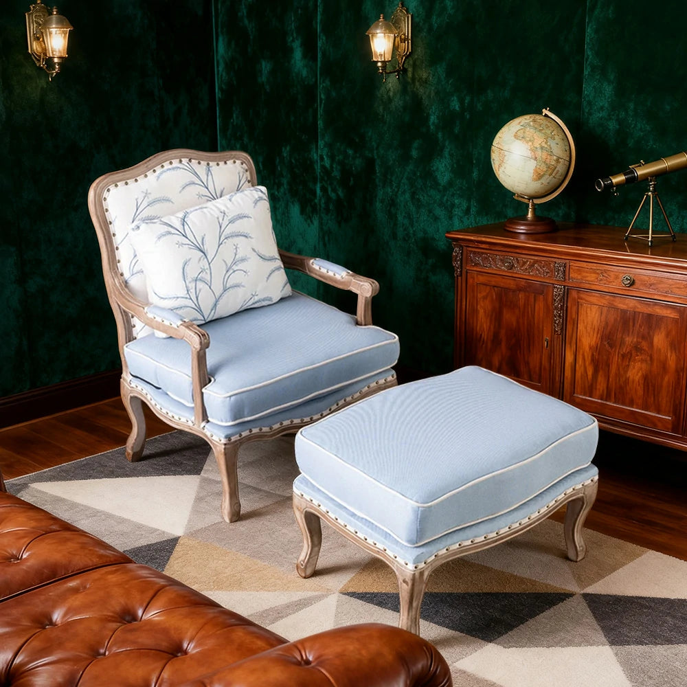 LIVARA Green Orchid Embroidered Velvet Armchair with Matching Ottoman - Soft Velvet Upholstery, High-Resilience Cushion, Solid Wood Frame - Blue