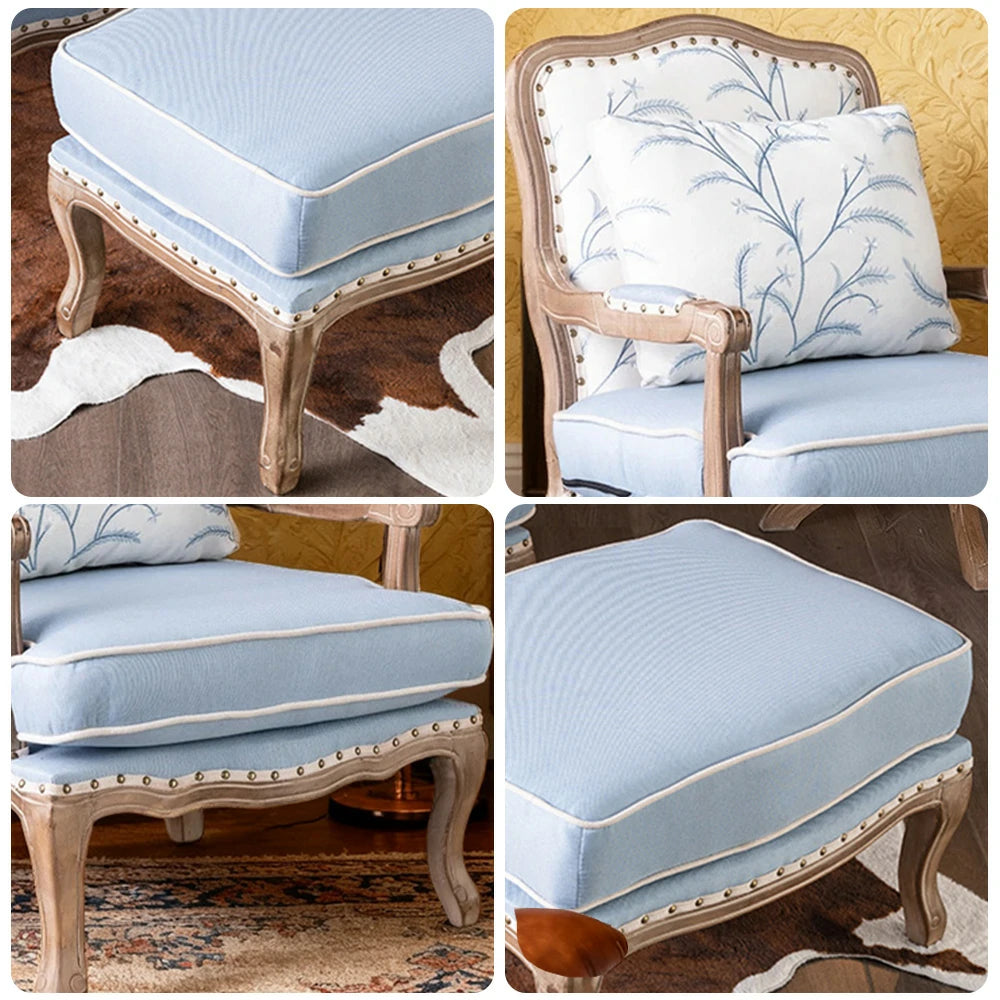 LIVARA Green Orchid Embroidered Velvet Armchair with Matching Ottoman - Soft Velvet Upholstery, High-Resilience Cushion, Solid Wood Frame - Blue