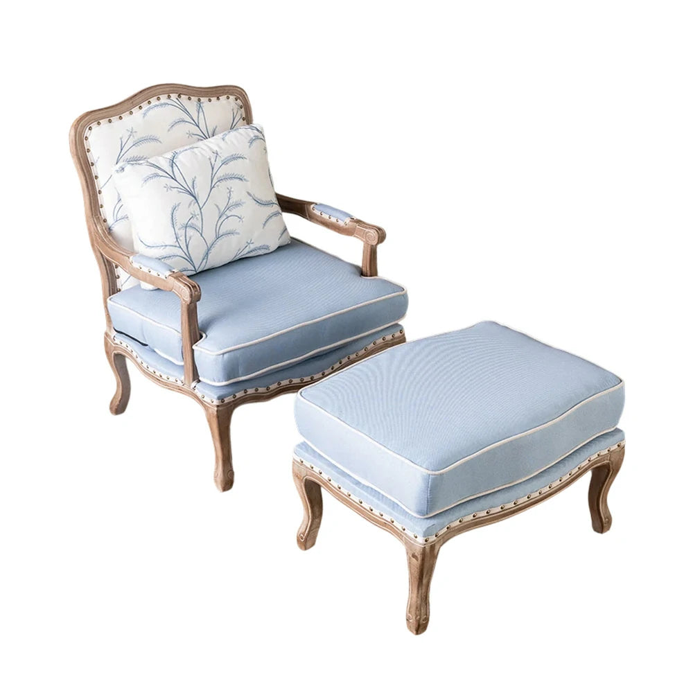 LIVARA Green Orchid Embroidered Velvet Armchair with Matching Ottoman - Soft Velvet Upholstery, High-Resilience Cushion, Solid Wood Frame - Blue