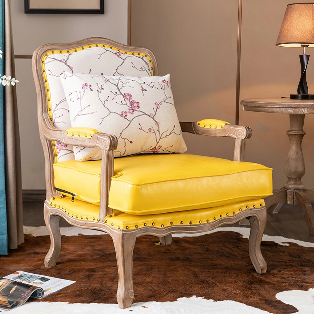 LIVARA Green Orchid Embroidered Velvet Armchair with Matching Ottoman - Soft Velvet Upholstery, High-Resilience Cushion, Solid Wood Frame - Yellow&White