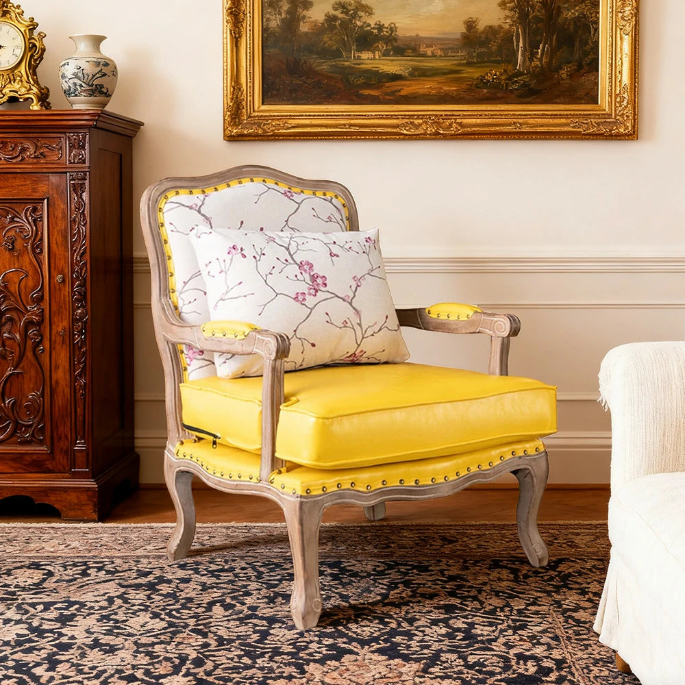 LIVARA Green Orchid Embroidered Velvet Armchair with Matching Ottoman - Soft Velvet Upholstery, High-Resilience Cushion, Solid Wood Frame - Yellow&White