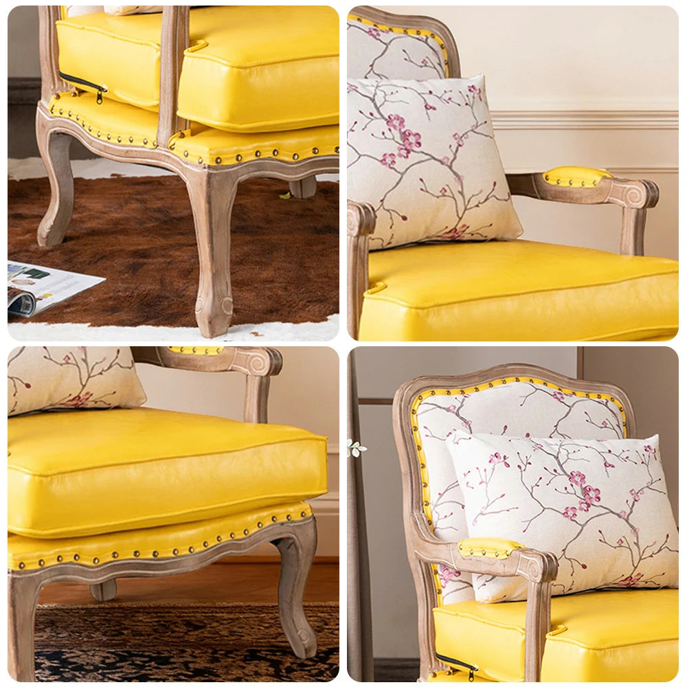 LIVARA Green Orchid Embroidered Velvet Armchair with Matching Ottoman - Soft Velvet Upholstery, High-Resilience Cushion, Solid Wood Frame - Yellow&White
