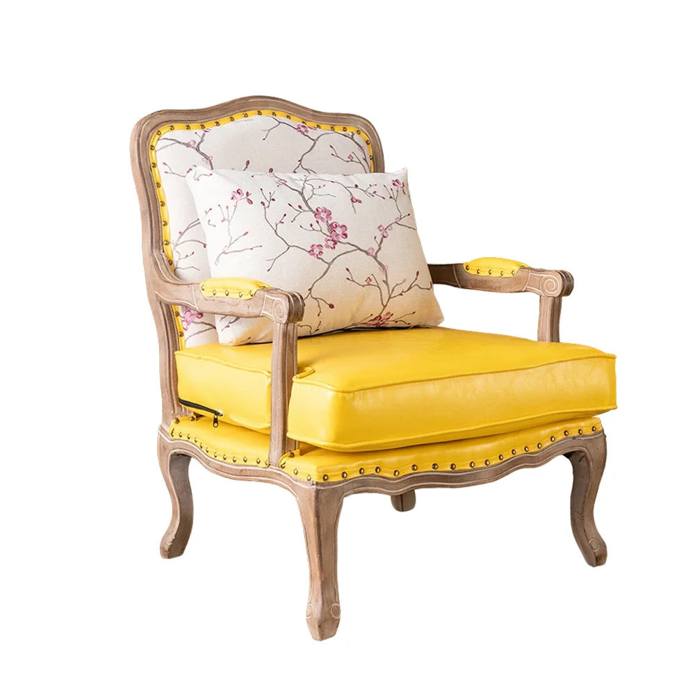 LIVARA Green Orchid Embroidered Velvet Armchair with Matching Ottoman - Soft Velvet Upholstery, High-Resilience Cushion, Solid Wood Frame - Yellow&White