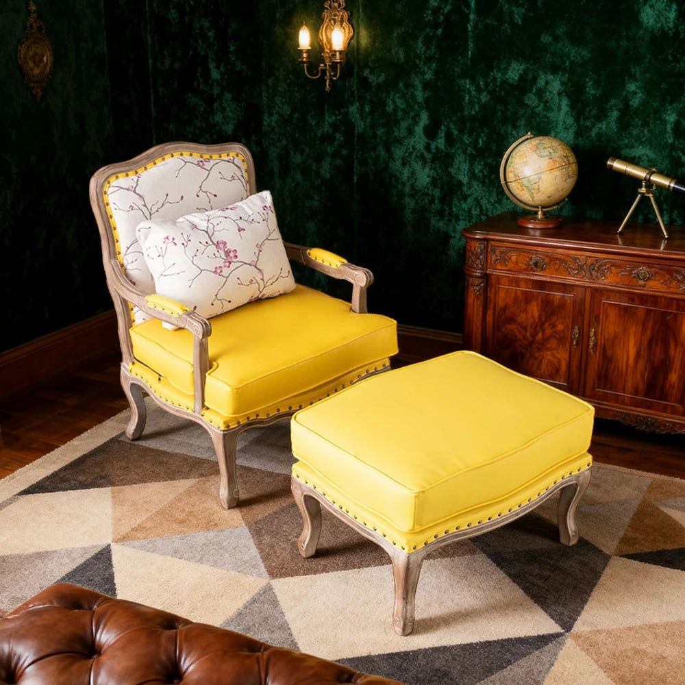 LIVARA Green Orchid Embroidered Velvet Armchair with Matching Ottoman - Soft Velvet Upholstery, High-Resilience Cushion, Solid Wood Frame - Yellow&White