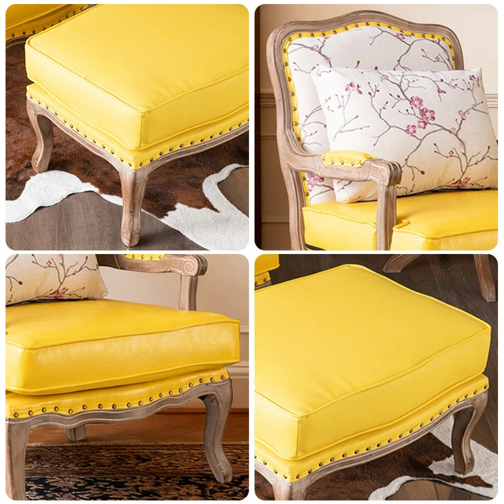LIVARA Green Orchid Embroidered Velvet Armchair with Matching Ottoman - Soft Velvet Upholstery, High-Resilience Cushion, Solid Wood Frame - Yellow&White