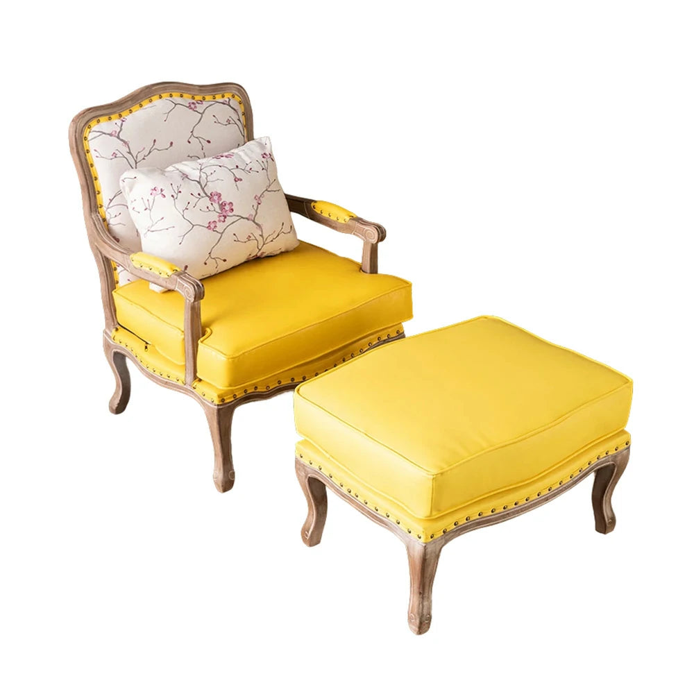 LIVARA Green Orchid Embroidered Velvet Armchair with Matching Ottoman - Soft Velvet Upholstery, High-Resilience Cushion, Solid Wood Frame - Yellow&White