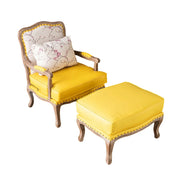LIVARA Green Orchid Embroidered Velvet Armchair with Matching Ottoman - Soft Velvet Upholstery, High-Resilience Cushion, Solid Wood Frame - Yellow&White