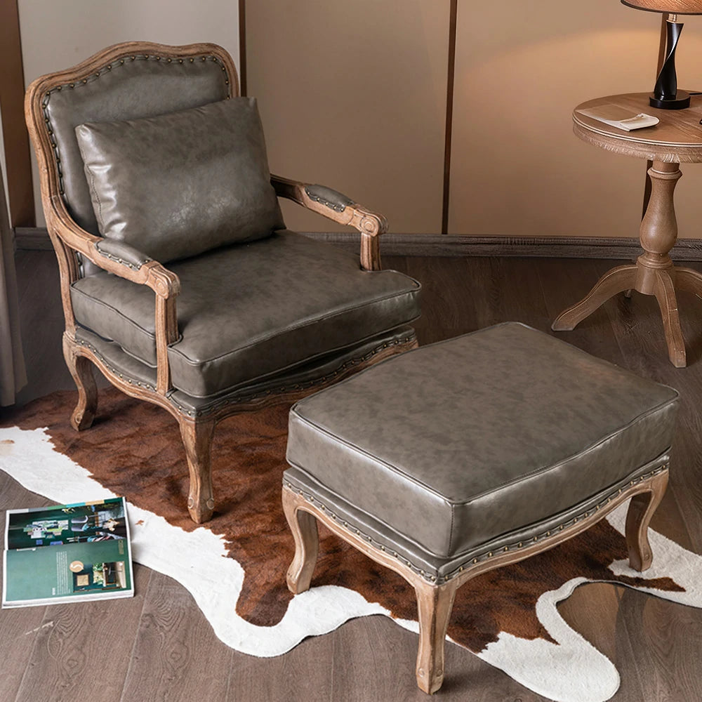 LIVARA Green Orchid Embroidered Velvet Armchair with Matching Ottoman - Soft Velvet Upholstery, High-Resilience Cushion, Solid Wood Frame - Coffee