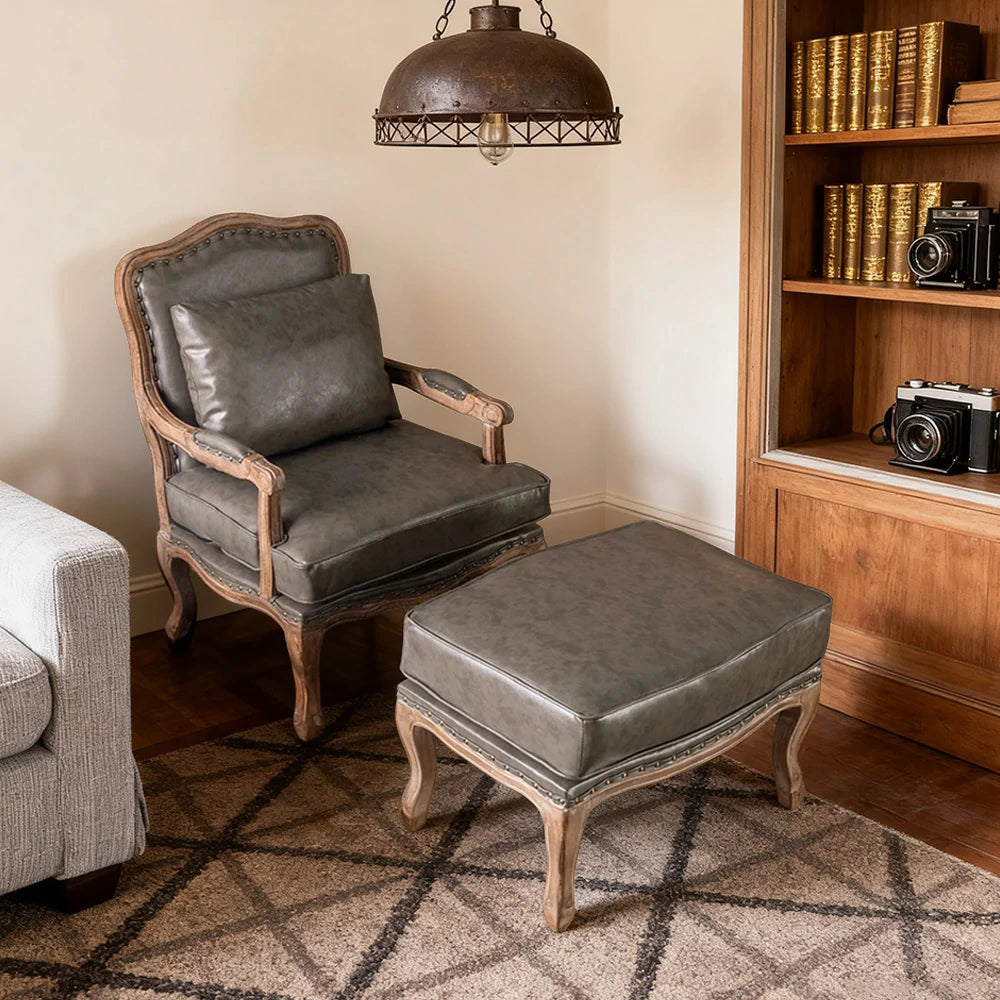 LIVARA Green Orchid Embroidered Velvet Armchair with Matching Ottoman - Soft Velvet Upholstery, High-Resilience Cushion, Solid Wood Frame - Coffee