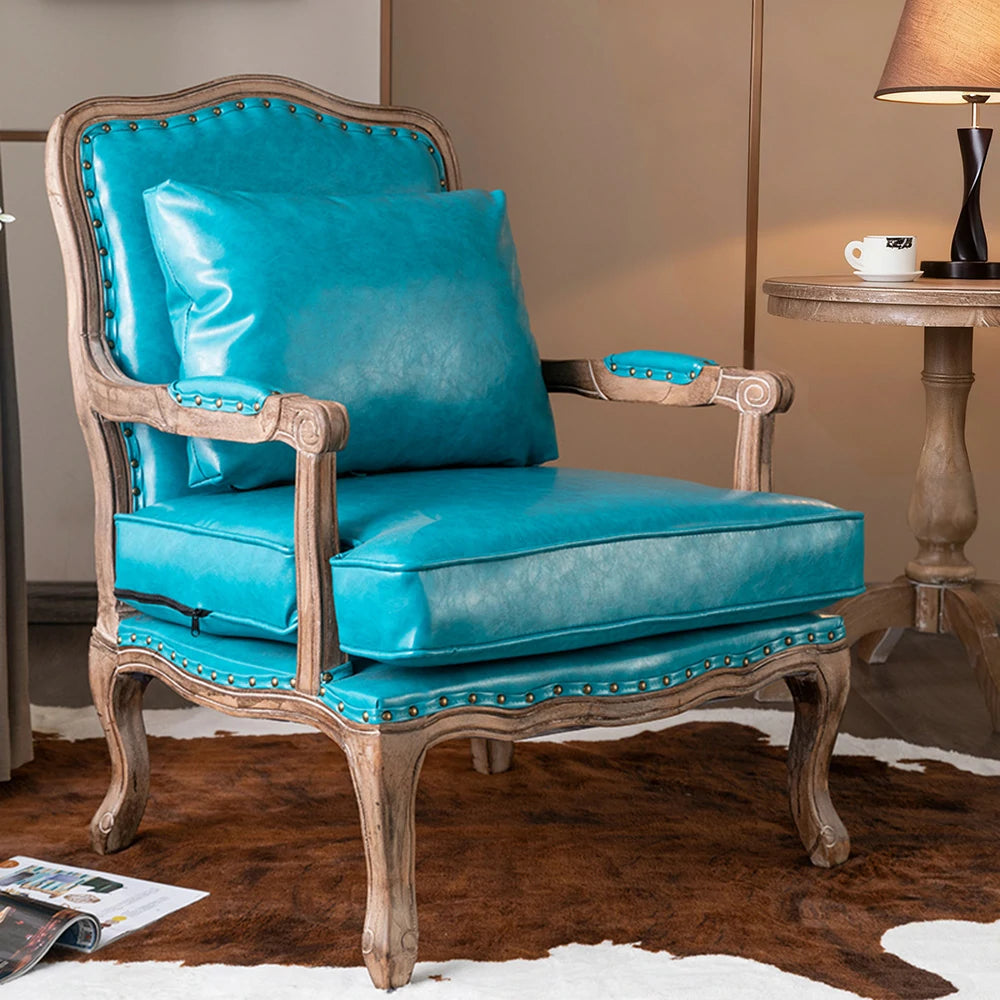 LIVARA Green Orchid Embroidered Velvet Armchair with Matching Ottoman - Soft Velvet Upholstery, High-Resilience Cushion, Solid Wood Frame - Blue