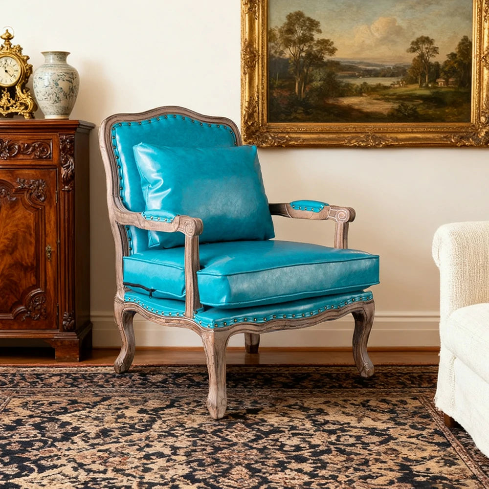 LIVARA Green Orchid Embroidered Velvet Armchair with Matching Ottoman - Soft Velvet Upholstery, High-Resilience Cushion, Solid Wood Frame - Blue