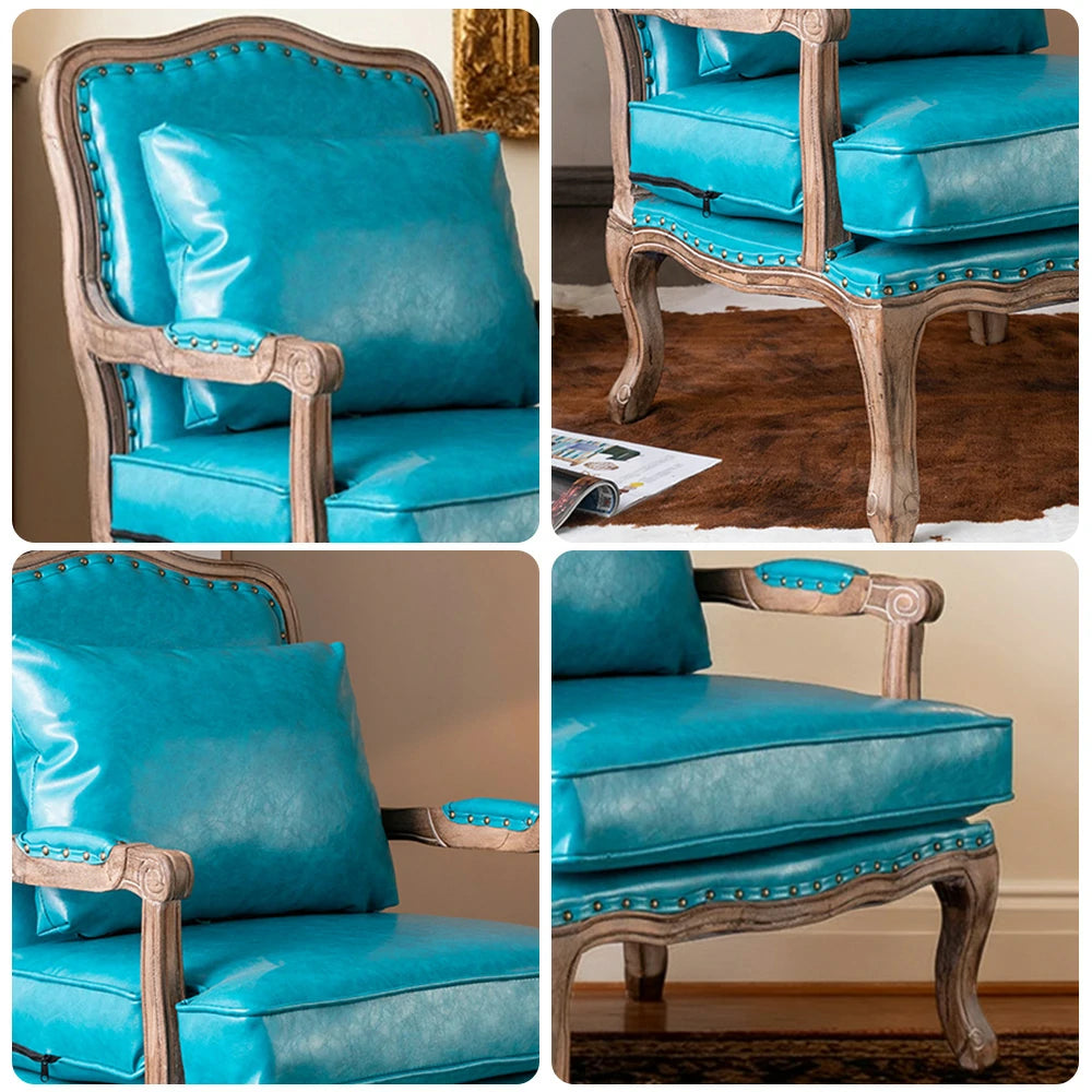 LIVARA Green Orchid Embroidered Velvet Armchair with Matching Ottoman - Soft Velvet Upholstery, High-Resilience Cushion, Solid Wood Frame - Blue