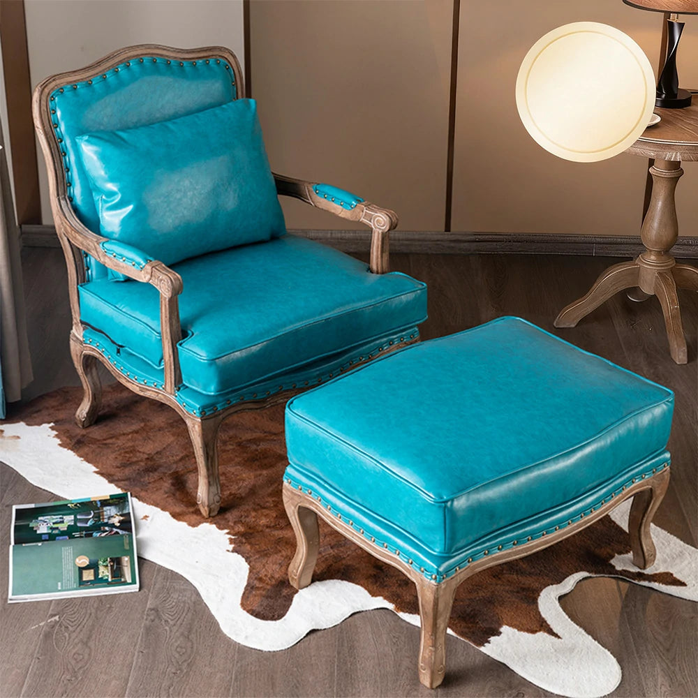 LIVARA Green Orchid Embroidered Velvet Armchair with Matching Ottoman - Soft Velvet Upholstery, High-Resilience Cushion, Solid Wood Frame - Blue
