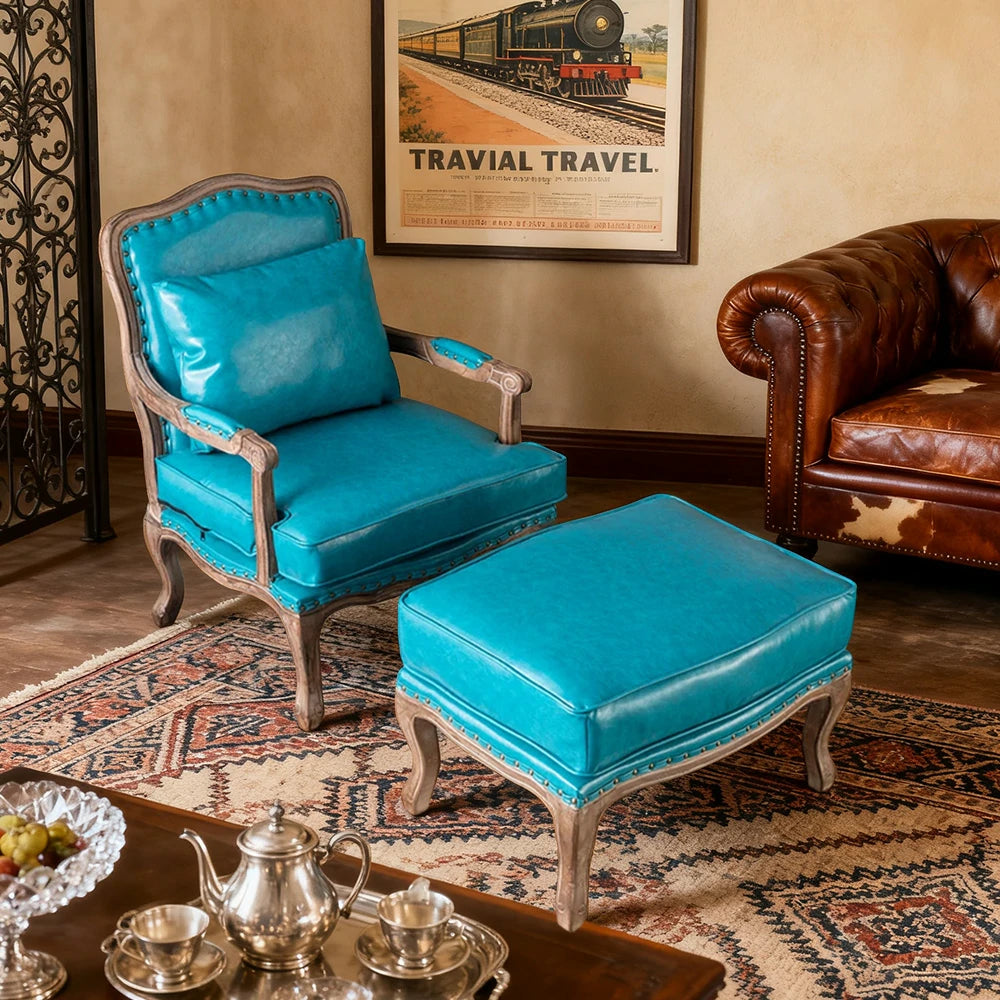 LIVARA Green Orchid Embroidered Velvet Armchair with Matching Ottoman - Soft Velvet Upholstery, High-Resilience Cushion, Solid Wood Frame - Blue