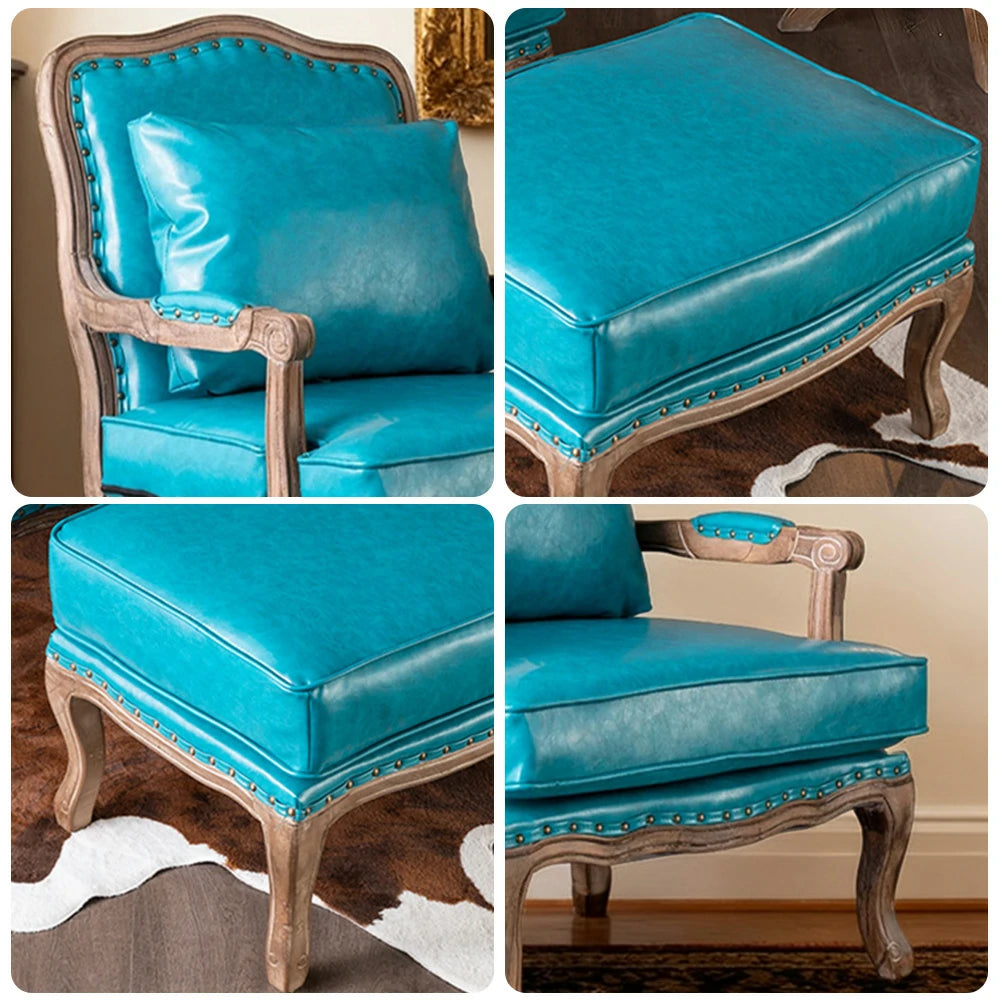 LIVARA Green Orchid Embroidered Velvet Armchair with Matching Ottoman - Soft Velvet Upholstery, High-Resilience Cushion, Solid Wood Frame - Blue