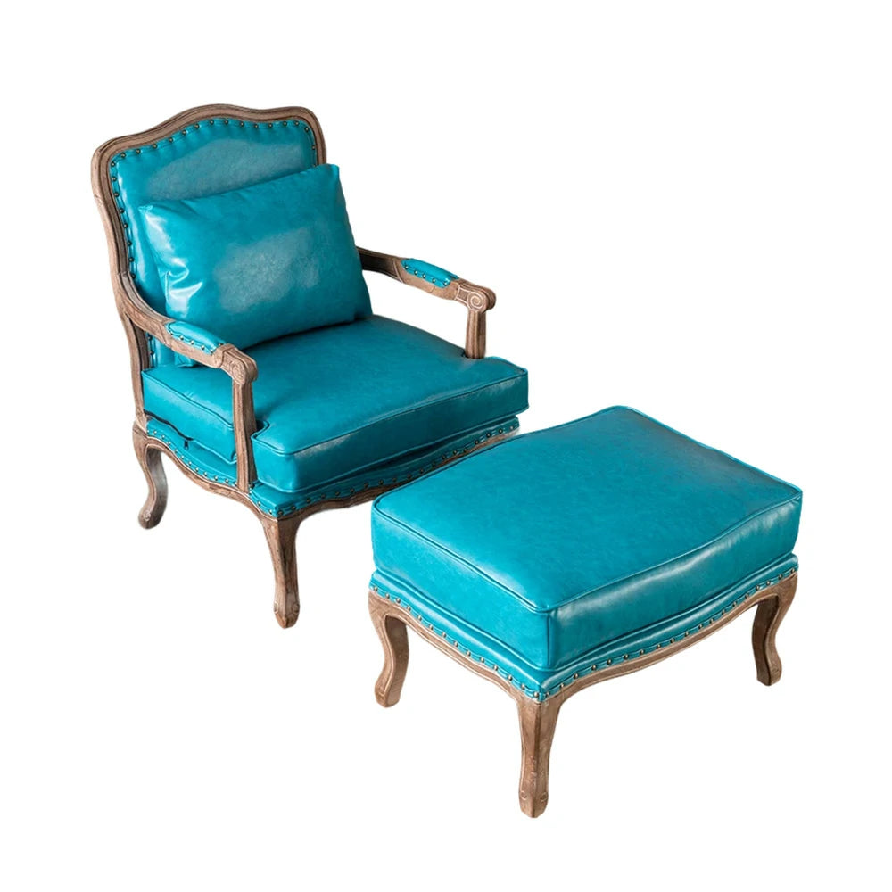 LIVARA Green Orchid Embroidered Velvet Armchair with Matching Ottoman - Soft Velvet Upholstery, High-Resilience Cushion, Solid Wood Frame - Blue