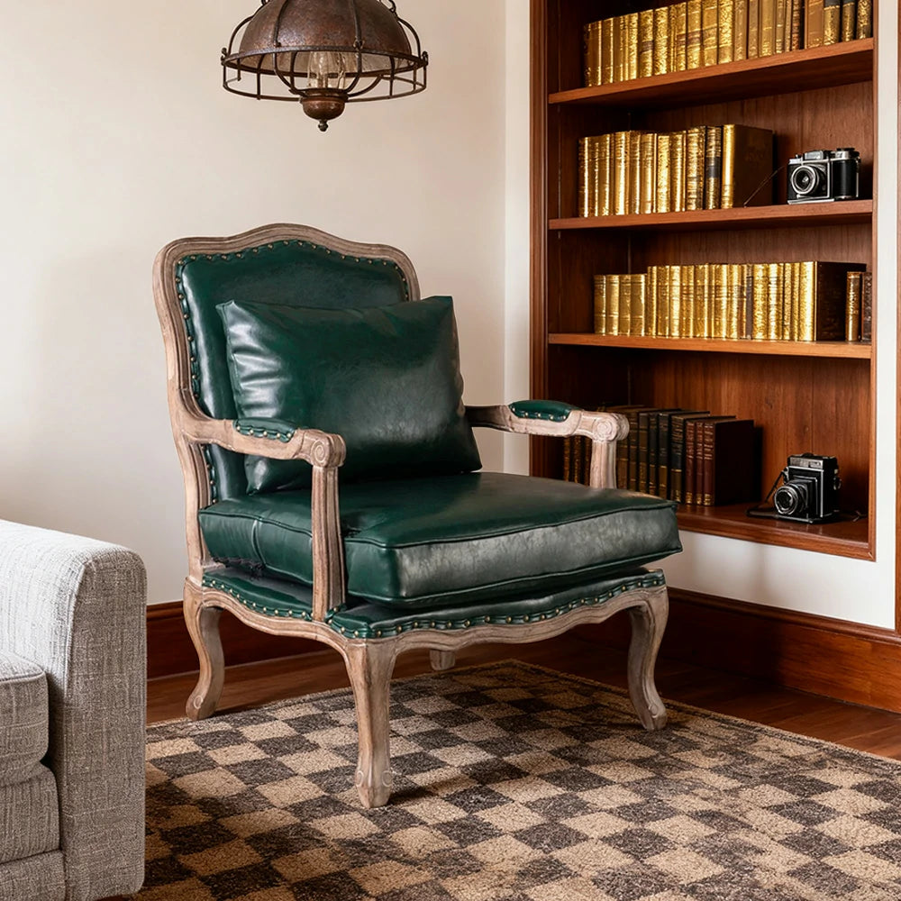 LIVARA Green Orchid Embroidered Velvet Armchair with Matching Ottoman - Soft Velvet Upholstery, High-Resilience Cushion, Solid Wood Frame - Green