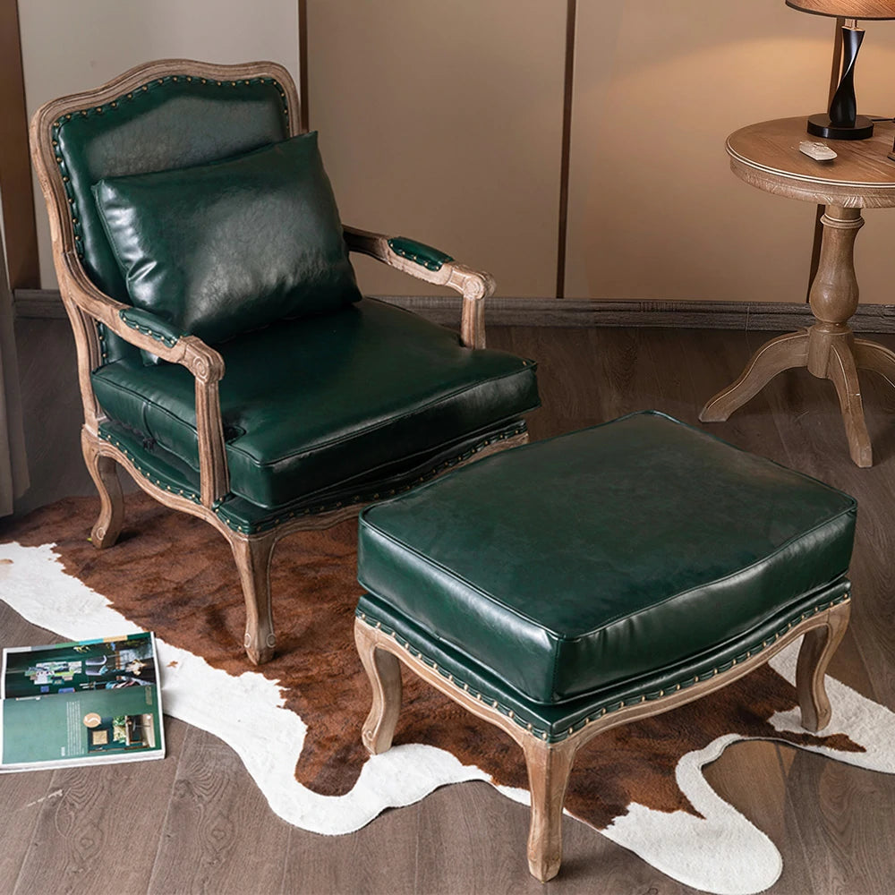 LIVARA Green Orchid Embroidered Velvet Armchair with Matching Ottoman - Soft Velvet Upholstery, High-Resilience Cushion, Solid Wood Frame - Green