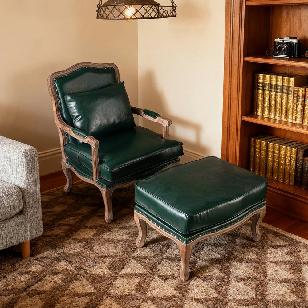 LIVARA Green Orchid Embroidered Velvet Armchair with Matching Ottoman - Soft Velvet Upholstery, High-Resilience Cushion, Solid Wood Frame - Green