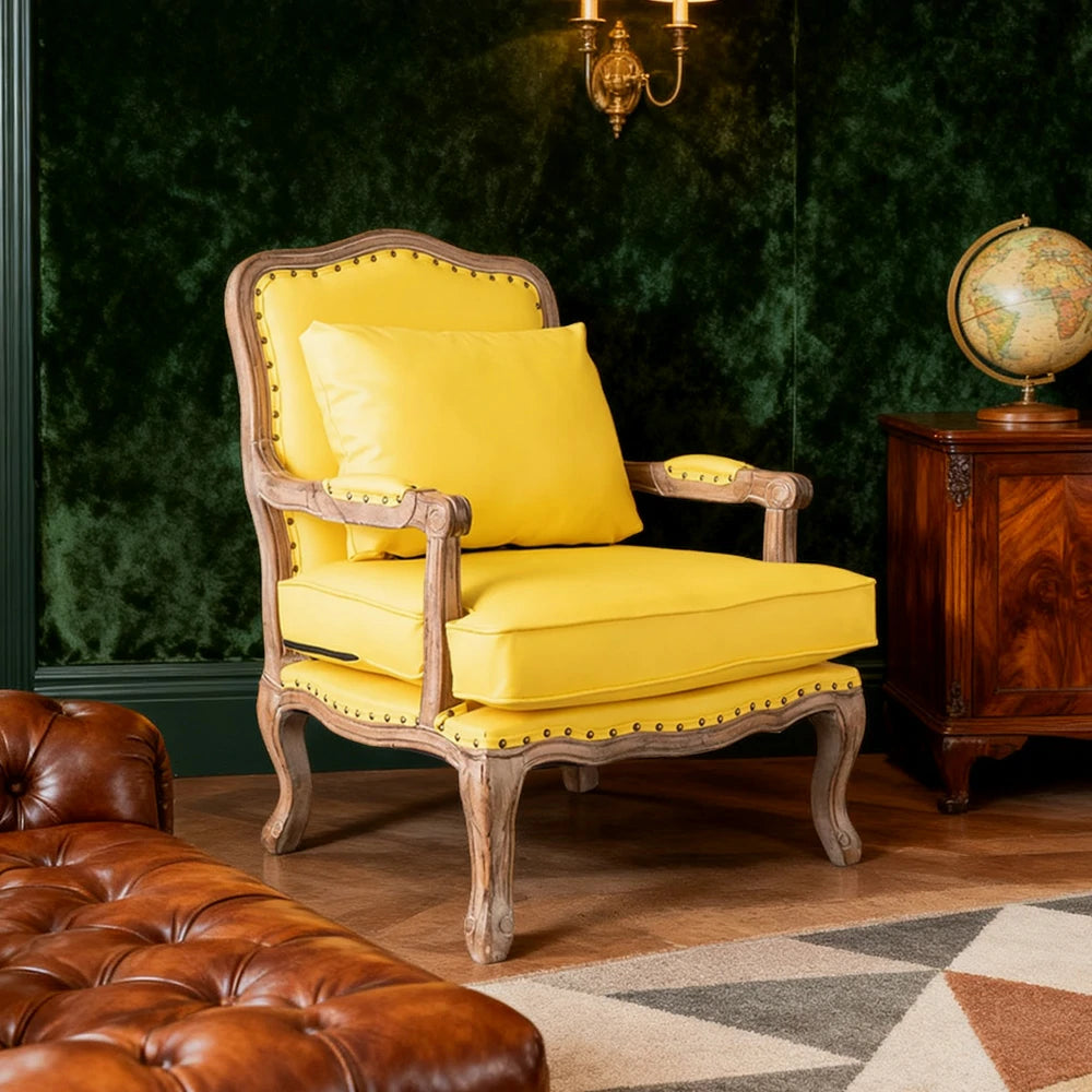 LIVARA Green Orchid Embroidered Velvet Armchair with Matching Ottoman - Soft Velvet Upholstery, High-Resilience Cushion, Solid Wood Frame - Yellow