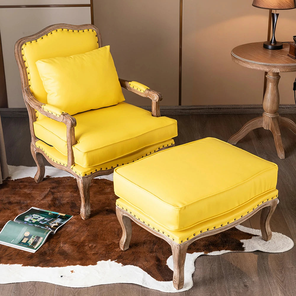 LIVARA Green Orchid Embroidered Velvet Armchair with Matching Ottoman - Soft Velvet Upholstery, High-Resilience Cushion, Solid Wood Frame - Yellow