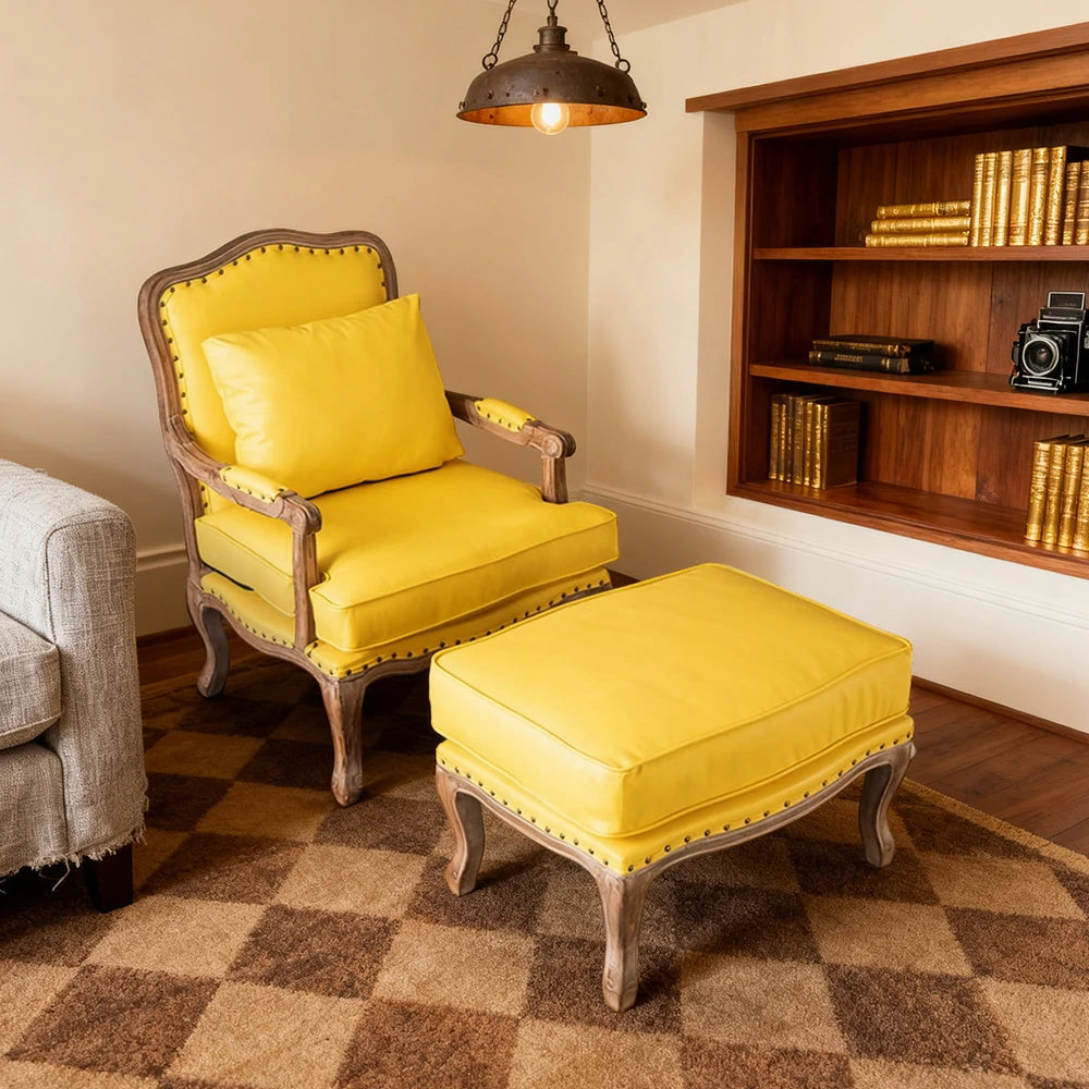 LIVARA Green Orchid Embroidered Velvet Armchair with Matching Ottoman - Soft Velvet Upholstery, High-Resilience Cushion, Solid Wood Frame - Yellow