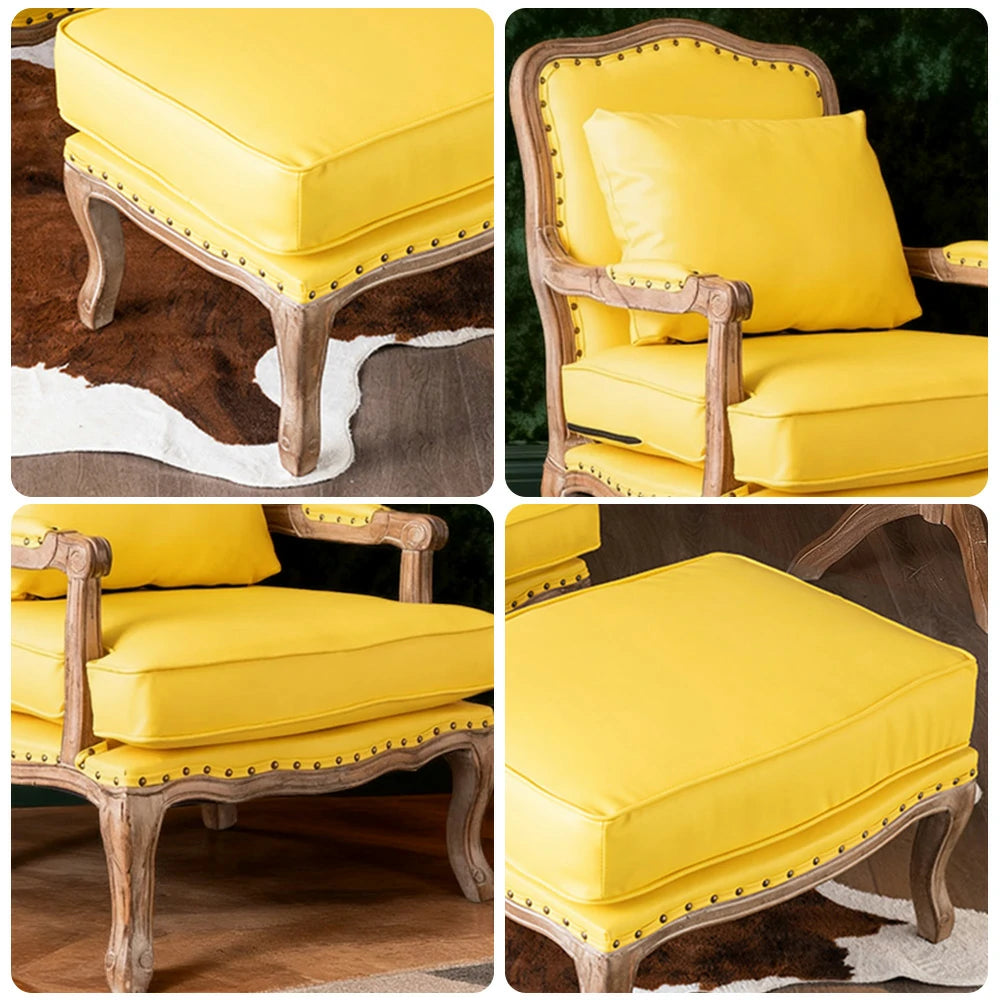 LIVARA Green Orchid Embroidered Velvet Armchair with Matching Ottoman - Soft Velvet Upholstery, High-Resilience Cushion, Solid Wood Frame - Yellow
