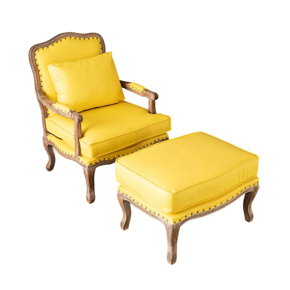 LIVARA Green Orchid Embroidered Velvet Armchair with Matching Ottoman - Soft Velvet Upholstery, High-Resilience Cushion, Solid Wood Frame - Yellow