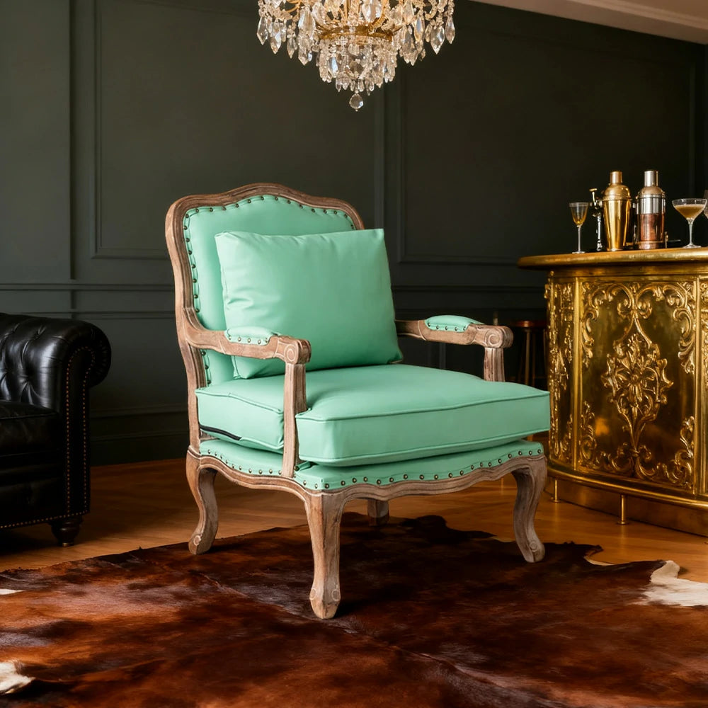 LIVARA Green Orchid Embroidered Velvet Armchair with Matching Ottoman - Soft Velvet Upholstery, High-Resilience Cushion, Solid Wood Frame - Green