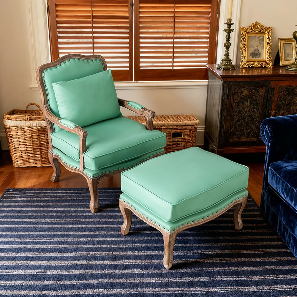 LIVARA Green Orchid Embroidered Velvet Armchair with Matching Ottoman - Soft Velvet Upholstery, High-Resilience Cushion, Solid Wood Frame - Green