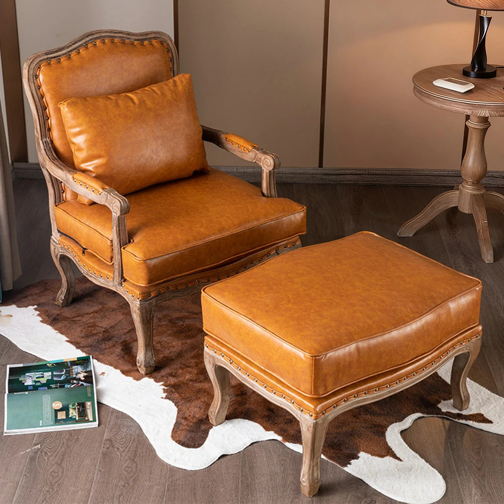 LIVARA Green Orchid Embroidered Velvet Armchair with Matching Ottoman - Soft Velvet Upholstery, High-Resilience Cushion, Solid Wood Frame - Brown