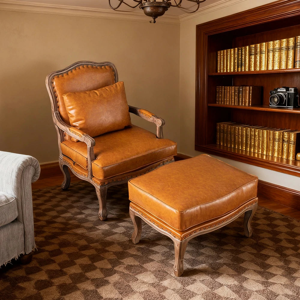 LIVARA Green Orchid Embroidered Velvet Armchair with Matching Ottoman - Soft Velvet Upholstery, High-Resilience Cushion, Solid Wood Frame - Brown