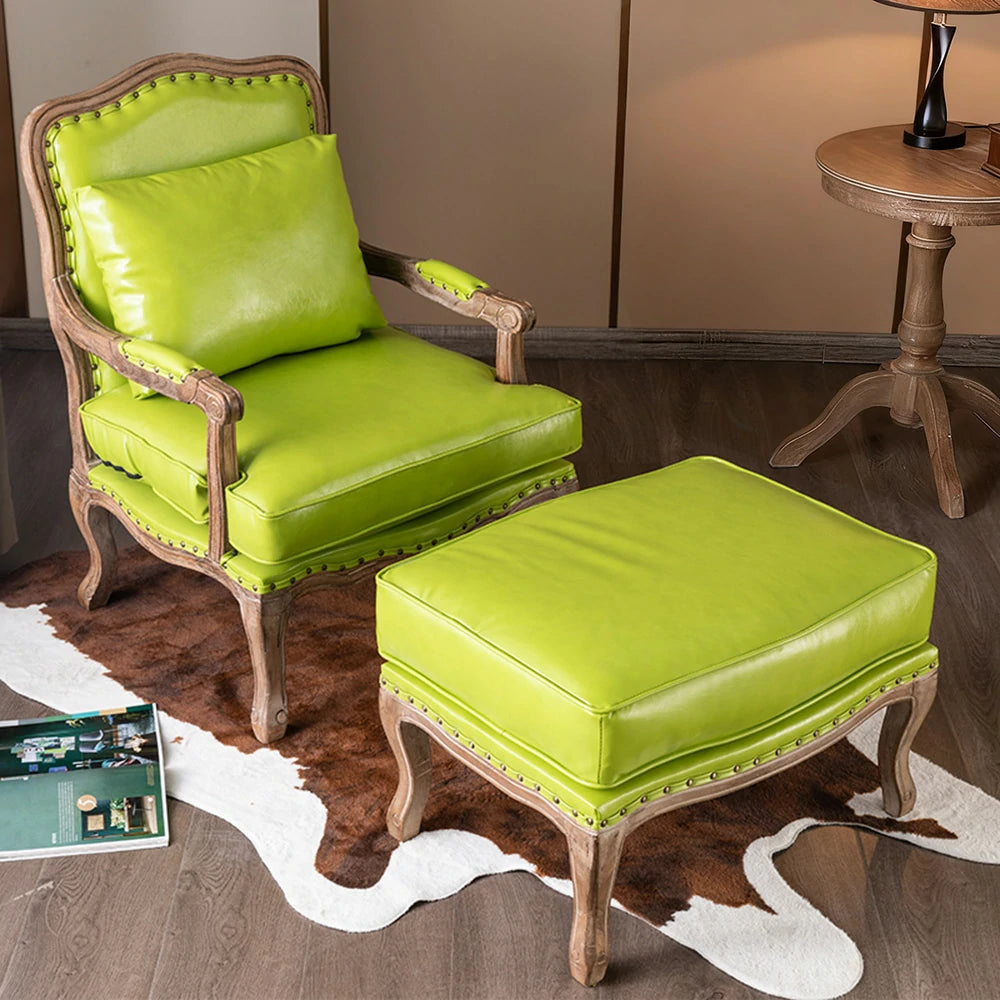 LIVARA Green Orchid Embroidered Velvet Armchair with Matching Ottoman - Soft Velvet Upholstery, High-Resilience Cushion, Solid Wood Frame - Green
