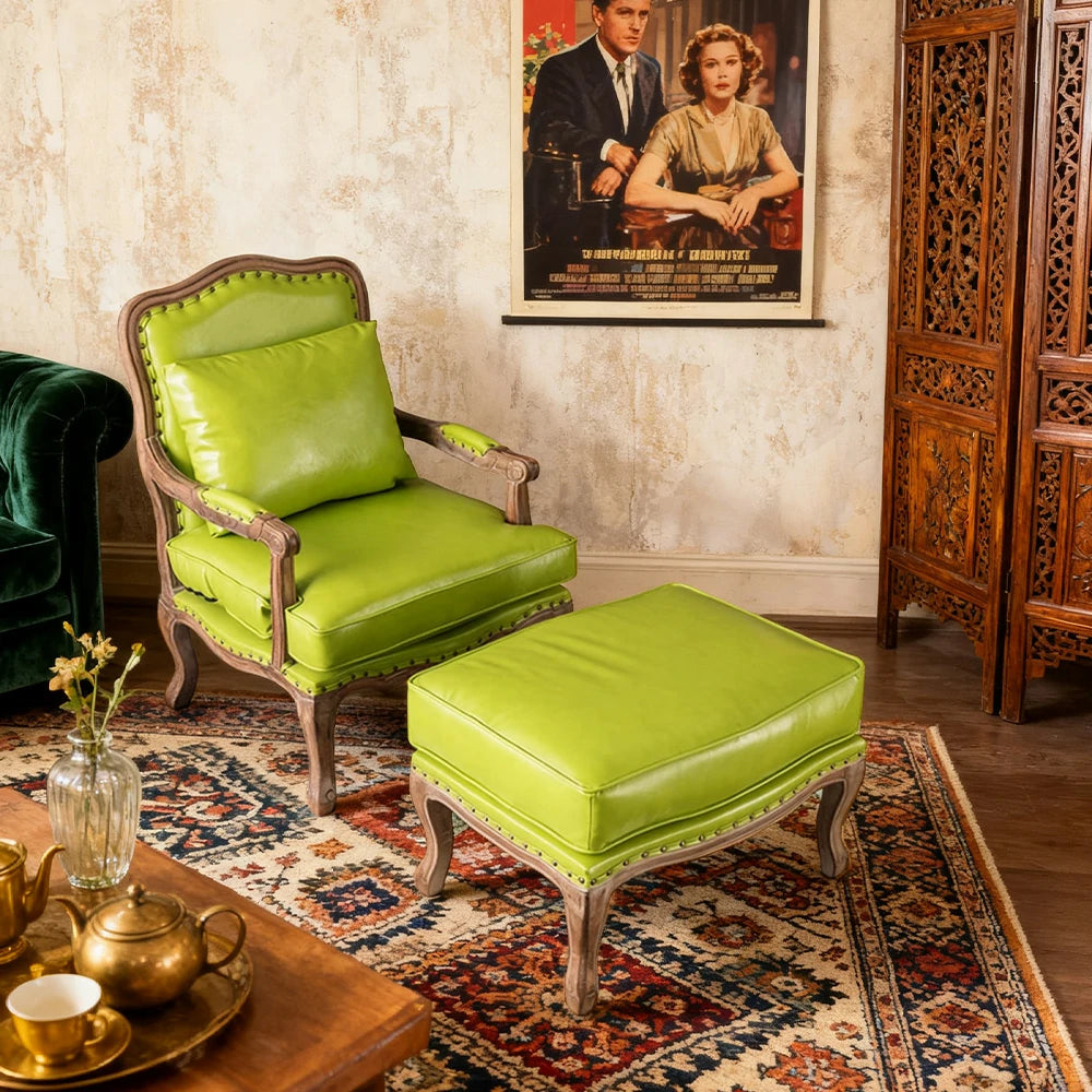 LIVARA Green Orchid Embroidered Velvet Armchair with Matching Ottoman - Soft Velvet Upholstery, High-Resilience Cushion, Solid Wood Frame - Green