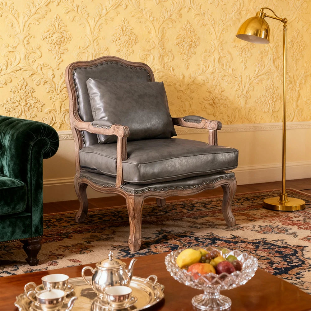 LIVARA Green Orchid Embroidered Velvet Armchair with Matching Ottoman - Soft Velvet Upholstery, High-Resilience Cushion, Solid Wood Frame - Grey