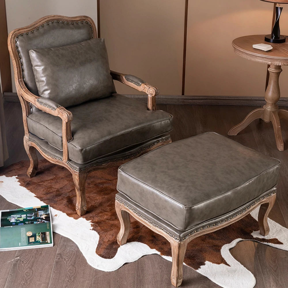 LIVARA Green Orchid Embroidered Velvet Armchair with Matching Ottoman - Soft Velvet Upholstery, High-Resilience Cushion, Solid Wood Frame - Grey