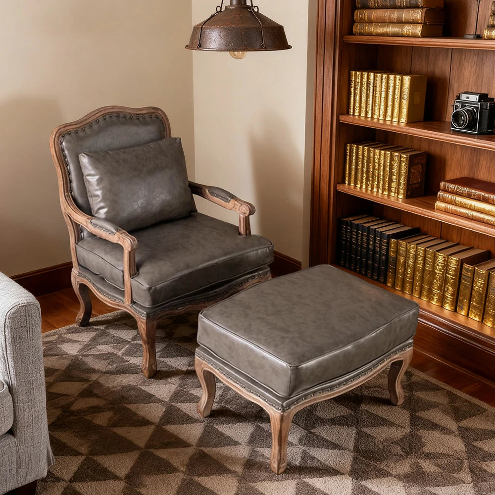 LIVARA Green Orchid Embroidered Velvet Armchair with Matching Ottoman - Soft Velvet Upholstery, High-Resilience Cushion, Solid Wood Frame - Grey