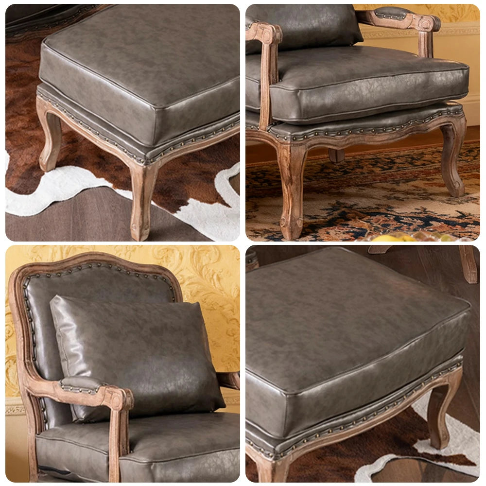 LIVARA Green Orchid Embroidered Velvet Armchair with Matching Ottoman - Soft Velvet Upholstery, High-Resilience Cushion, Solid Wood Frame - Grey